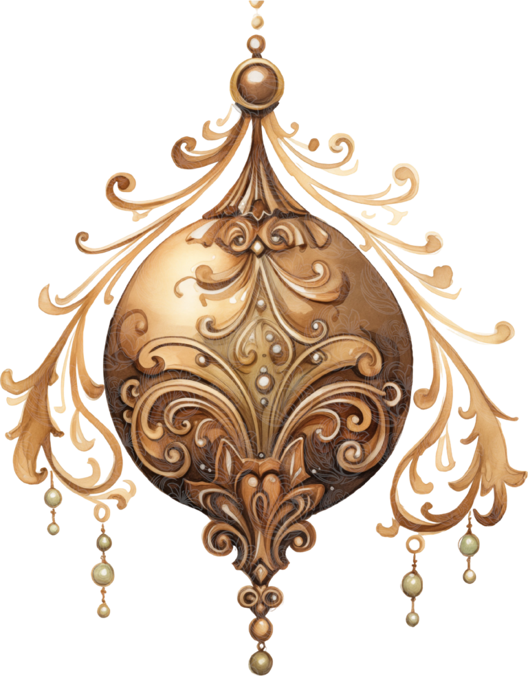 Vintage christmas ornament featuring ornate baroque scrollwork and pearl accents in warm gold tones, Grey Barn Handwerk, Saskatchewan.